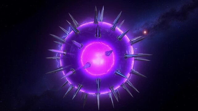 Futuristic glowing purple spiked sphere in outer space with electric energy and cosmic background