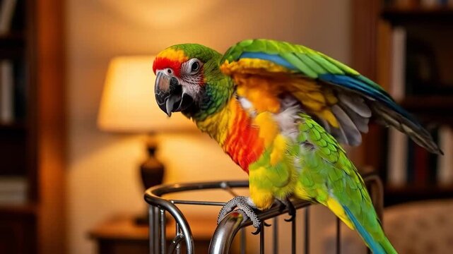 Vibrant green parrot with red and blue plumage perched indoors, looking alert.