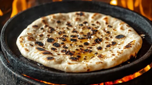 Delicious flatbread cooking on a traditional cast iron pan over an open fire.