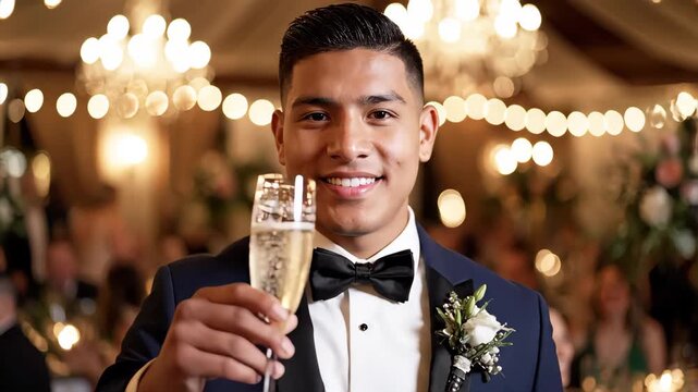 Confident groom holding a champagne glass during a wedding reception. Young man in a tuxedo smiling at a festive indoor celebration