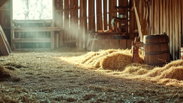 Straw and Hay Piles with Wooden Barrels in a Rustic Barn