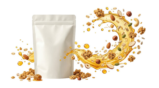 Blank food pouch with honey and nuts isolated on transparent background