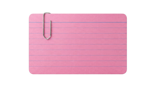 Pink lined index card with metal paperclip isolated on transparent background