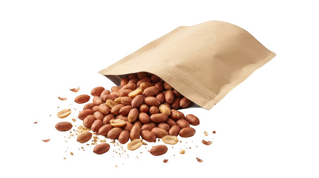 Peanuts spilling from a kraft paper pouch isolated on transparent background
