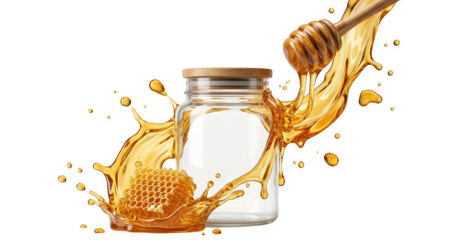 Honey splashing with jar and honeycomb isolated on transparent background