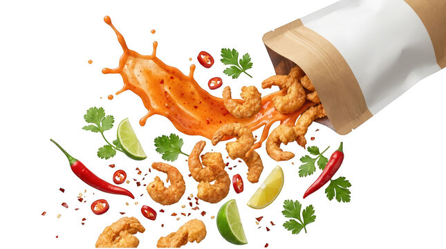 Fried shrimps pouring from paper bag isolated isolated on transparent background