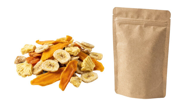 Dried tropical fruits mix near kraft paper pouch isolated on white isolated on transparent background