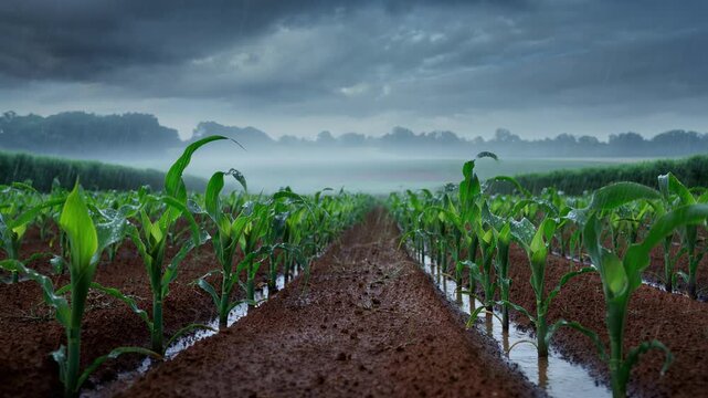 Young green corn plants growing in wet soil during heavy rain with dark cloudy sky and misty background