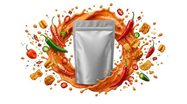 Silver pouch with spicy sauce splash isolated on transparent background