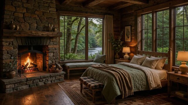 Cozy rustic cabin bedroom with stone fireplace and scenic forest river view in warm natural light