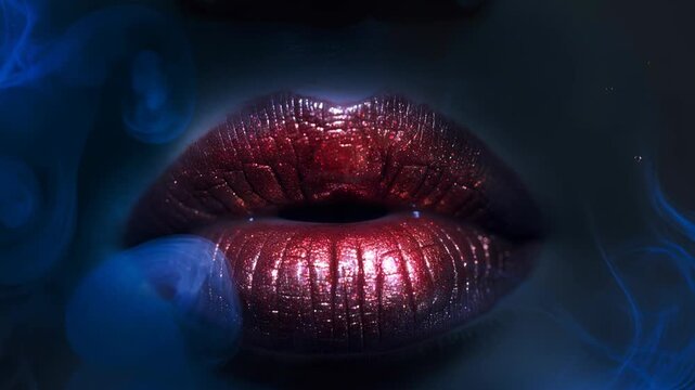 Close up of shiny metallic red lips with blue smoke effect on dark background beauty makeup concept