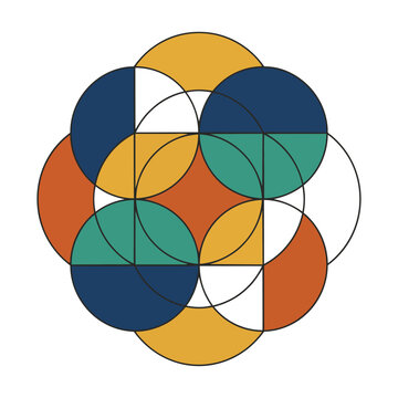 Interlocking geometric circles and semicircles arranged in a balanced composition with bold flat colors on a white background abstract design
