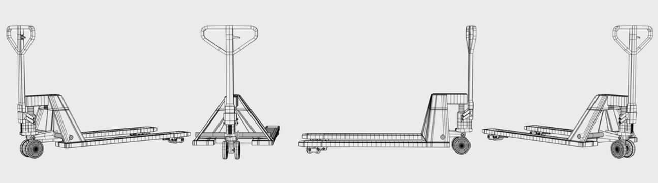 3d wireframe different views of a pallet jack.
