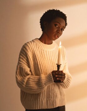 Woman in Cozy Sweater Holding a Lit Candle
