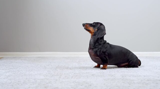 A black and tan dachshund dog sits on a carpeted floor at home, looking upward attentively with copy space beside it, a concept of pet obedience and companionship.