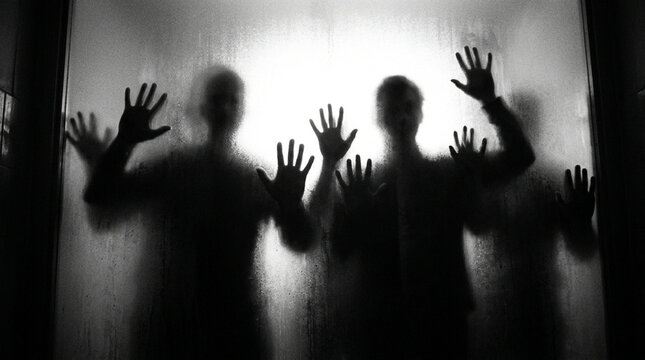 Black and white silhouettes of multiple people with hands pressed against a frosted glass panel. Backlit dark figures behind steamed glass window with high contrast lighting.