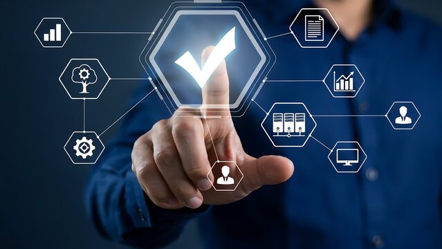 Businessman touching digital checkmark icon for quality assurance and business compliance.