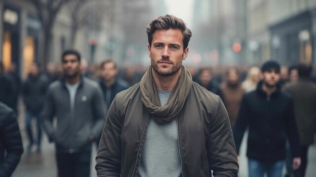 Handsome confident man walking in the city street surrounded by diverse crowd on a chilly day