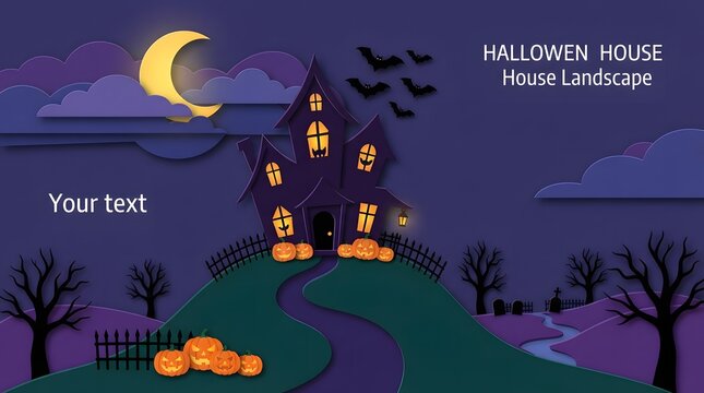 Spooky haunted mansion on a hill with a crescent moon and flying bats for a halloween background