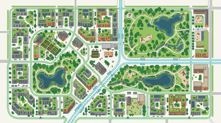 Fototapeta premium Urban City Map Vector Illustration with Green Parks Roads Lakes and Residential Neighborhoods in Top View