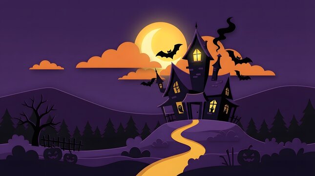 Spooky haunted house on a hill with a full moon and flying bats in a dark purple night sky