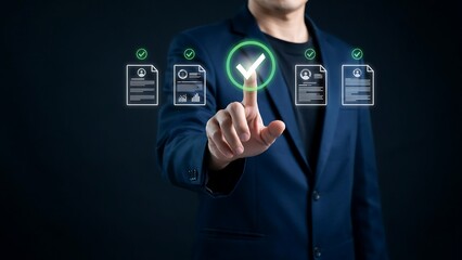 Fototapeta premium Businessman touching digital screen to approve document and quality control checklist