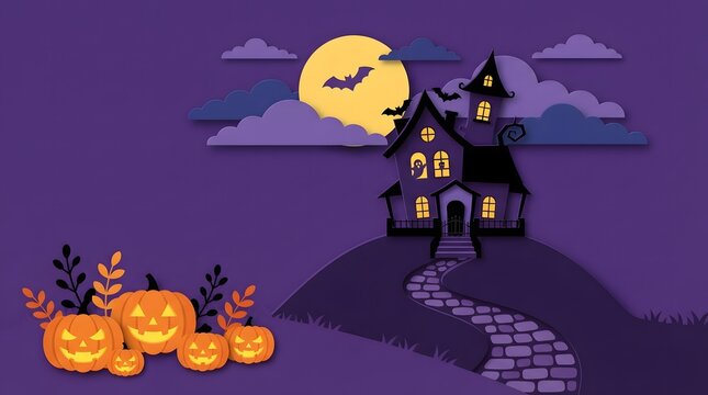 Spooky haunted house illustration with glowing jack o lanterns and a full moon on a purple background