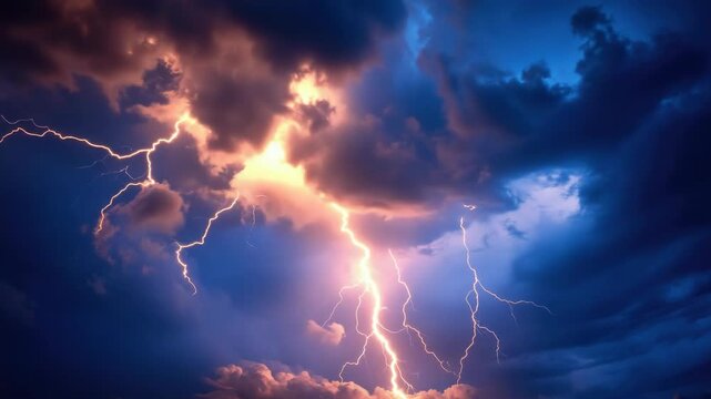 Powerful Lightning Bolts Striking Through Dark Stormy Clouds