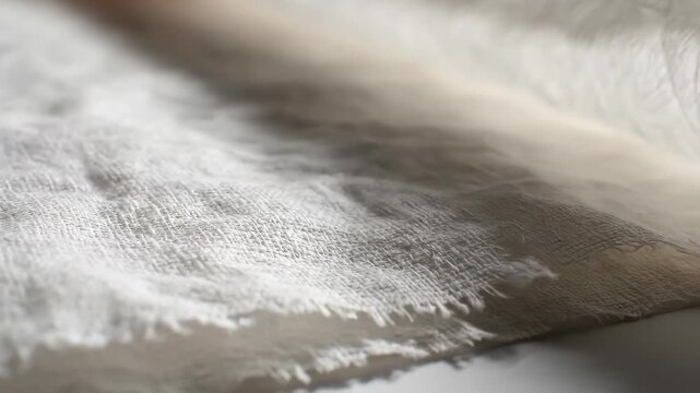 White gauze bandage rolling up, close-up of medical textile texture and fabric pattern.