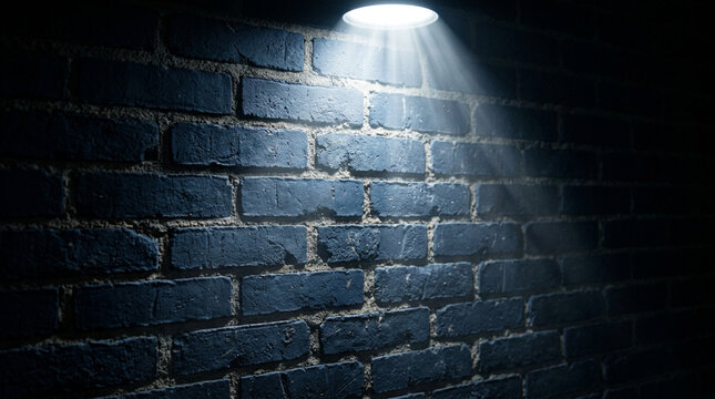 Dark blue brick wall texture with a single overhead spotlight casting a dramatic beam of light, highlighting the rough masonry surface and weathered mortar in a moody atmosphere.