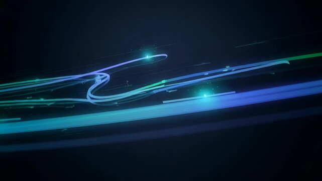 Abstract futuristic blue and green light trails on dark background for digital technology and innovation concepts