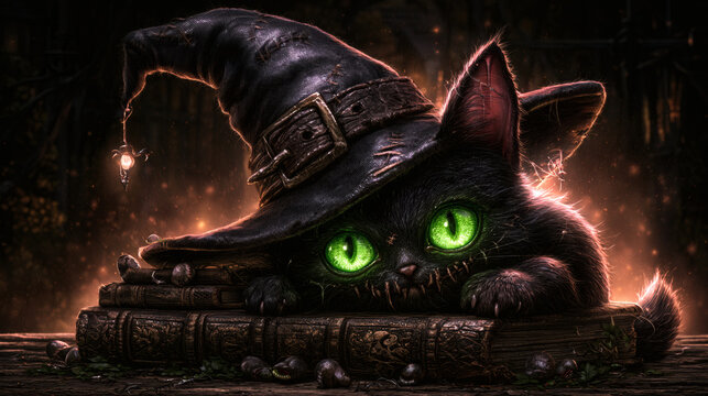 Cute Black Witch Cat with Glowing Green Eyes and Spellbooks &ndash; Dark Fantasy Illustration