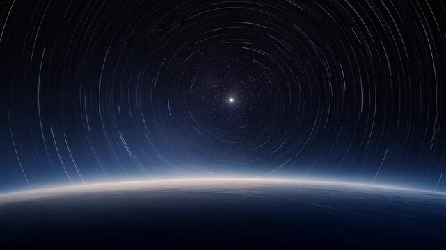 Star trails over Earth horizon in deep space night sky with glowing atmosphere and celestial beauty