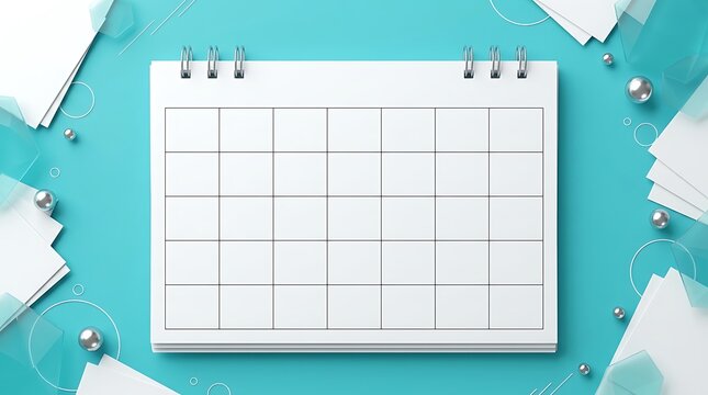 Blank monthly calendar template on turquoise background with push pins for scheduling and planning