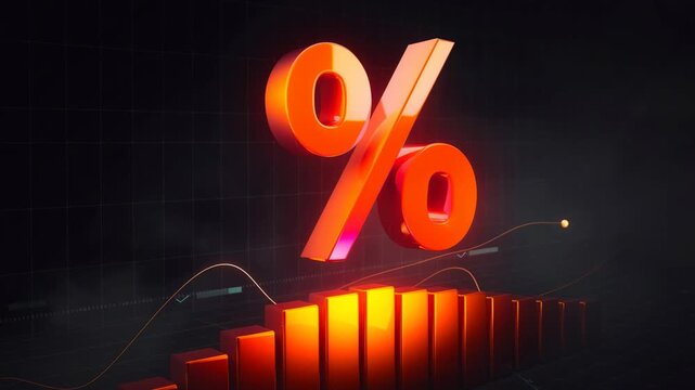 Bright glowing orange percentage symbol with rising bar graph and data lines on dark background representing finance growth