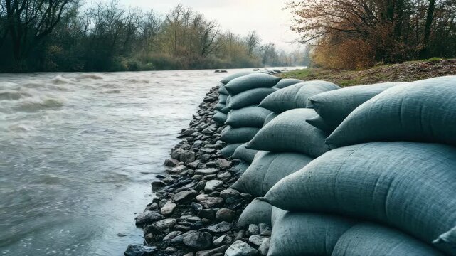 Protective sandbag barrier along a fast-flowing riverbank