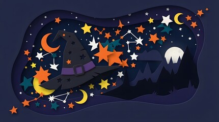 Naklejka premium Whimsical hand drawn illustration of a starry night sky with colorful crescent moons and glowing stars