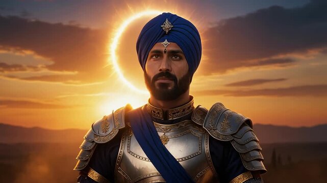 Portrait of a noble warrior in shining armor and blue turban with a glowing sunset background