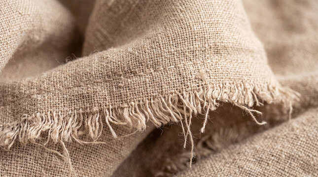 Close-up of coarse natural linen fabric with fringe