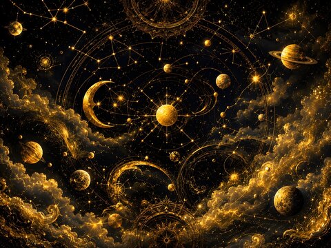 Gilded cosmic astrolabe panorama