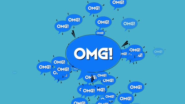 Digital Explosion of OMG Speech Bubbles in Bright Blue Background