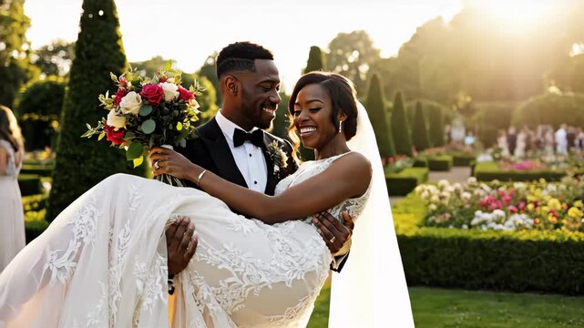 Joyful groom holding his bride in his arms in a formal garden. Happy African American couple laughing during an outdoor wedding celebration