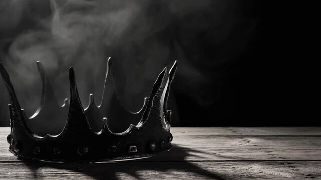 Dark metal crown with smoke on wooden surface symbolizing power mystery and royalty