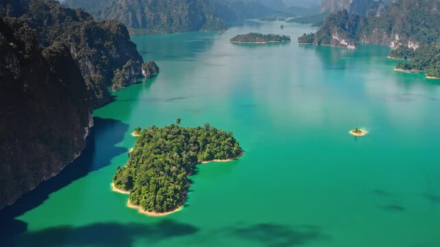 Cheow Lan Lake turquoise water surrounding numerous limestone islands covered with lush green tropical jungle, offering a stunning natural landscape of Khao Sok National Park, Thailand. Drone flight