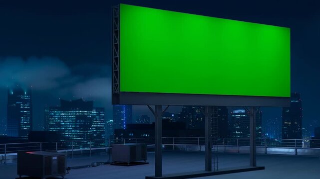 Large green billboard on rooftop with city skyline background at night for advertising display