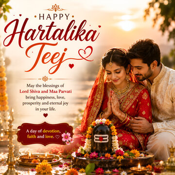 Happy Hartalika Teej Festival Celebration with Indian Couple Worshipping Lord Shiva and Shiva Lingam
