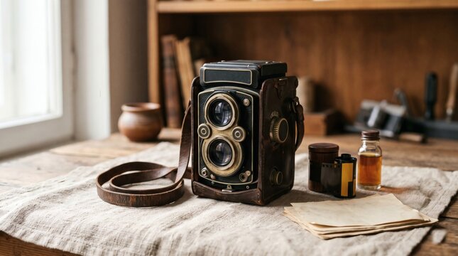 Twin lens film camera with a leather case on linen