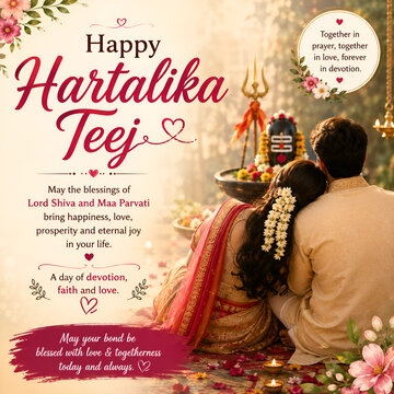 Hartalika Teej Festival Celebration with Devoted Hindu Couple Worshipping Lord Shiva and Goddess Parvati
