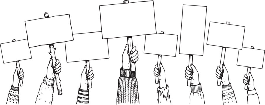 Doodle set of hands holding empty banners, hand drawn vector icons, black outline illustration for protest and message concept.