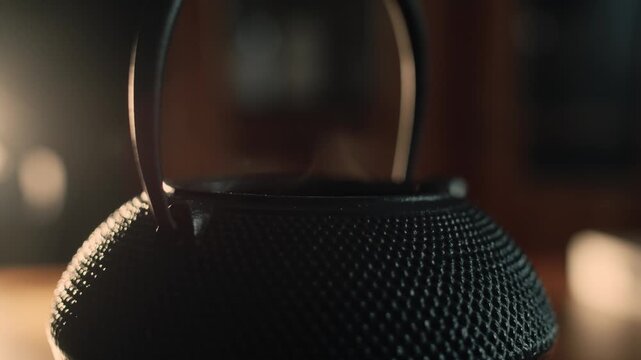 Slow, cinematic close-up of an East Asian cast-iron teapot, with steam rising. 